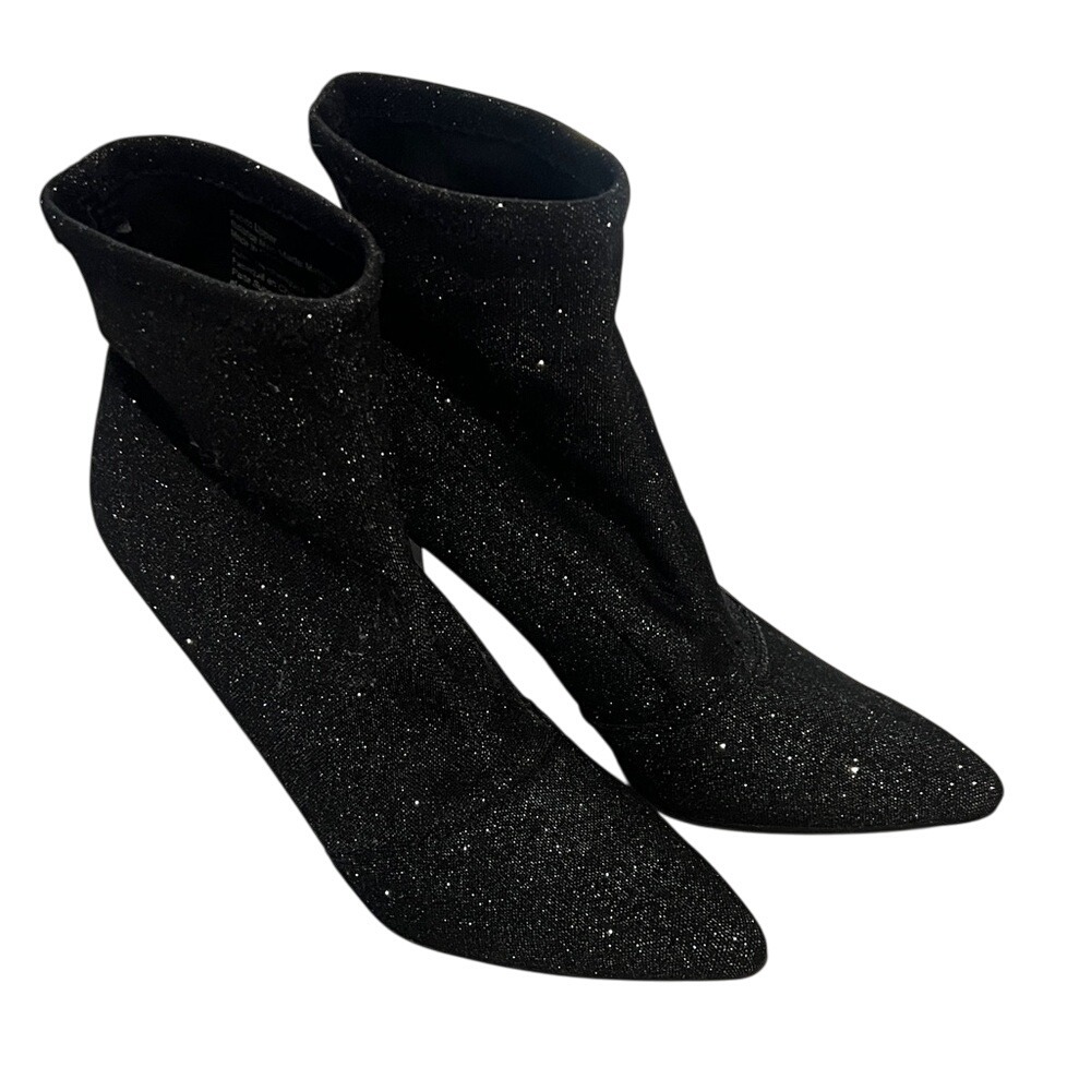 Sparkly Black Sock Booties Stiletto Heel Pointed Toe Ankle Boots Women's